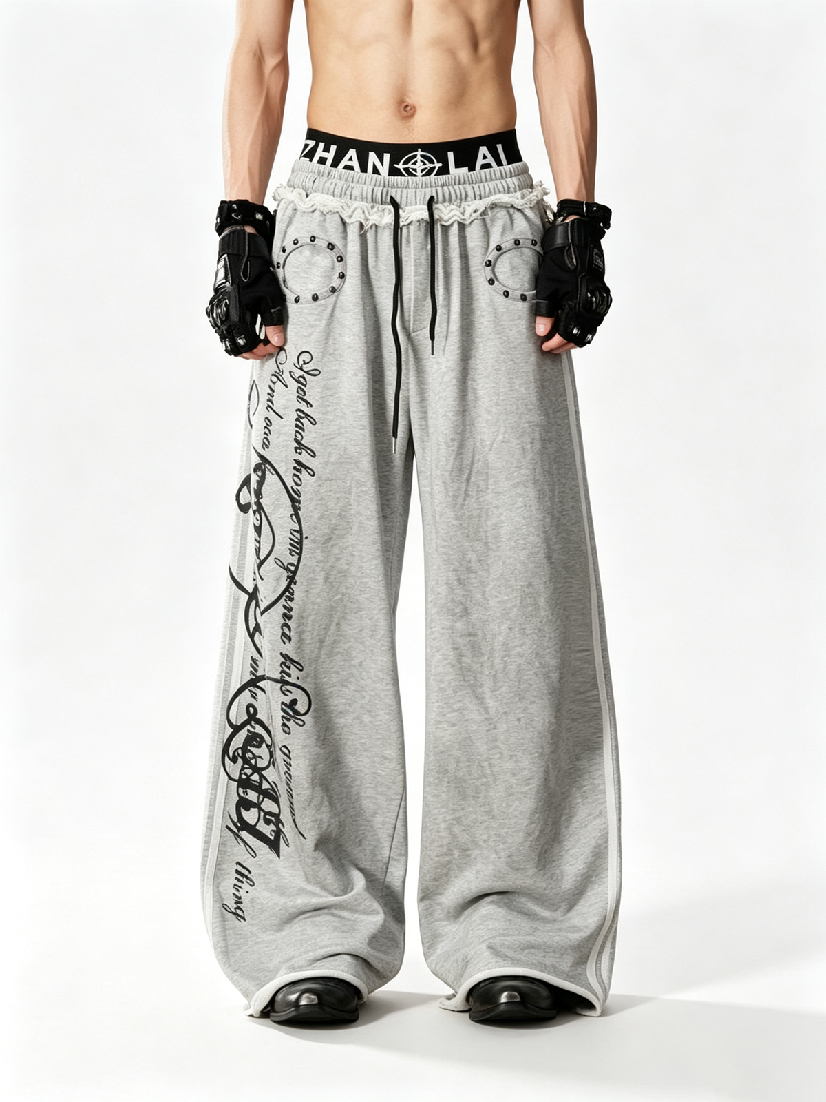 Ace Jolun 【New Arrival】Double‑Waistband Tribal‑Print Rivet Casual Pants