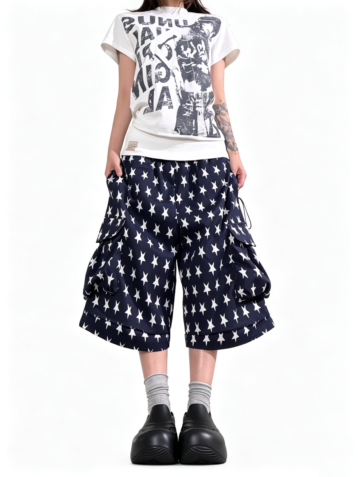 Ace Jolun All‑Over Star‑Print Casual Multi‑Pocket Capri Pants