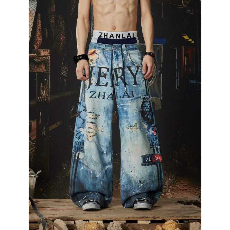 Ace Jolun 【New Arrival】Triple‑Waistband 3D‑Print Street‑Sport Loose Wide‑Leg Pants