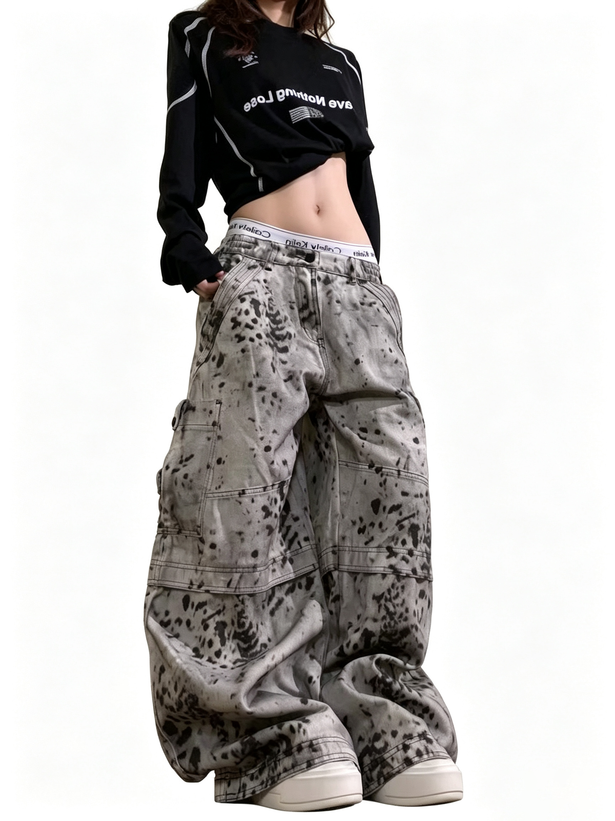 Ace Jolun Leopard‑Print Faux‑Leather Spliced Multi‑Pocket Cargo Pants