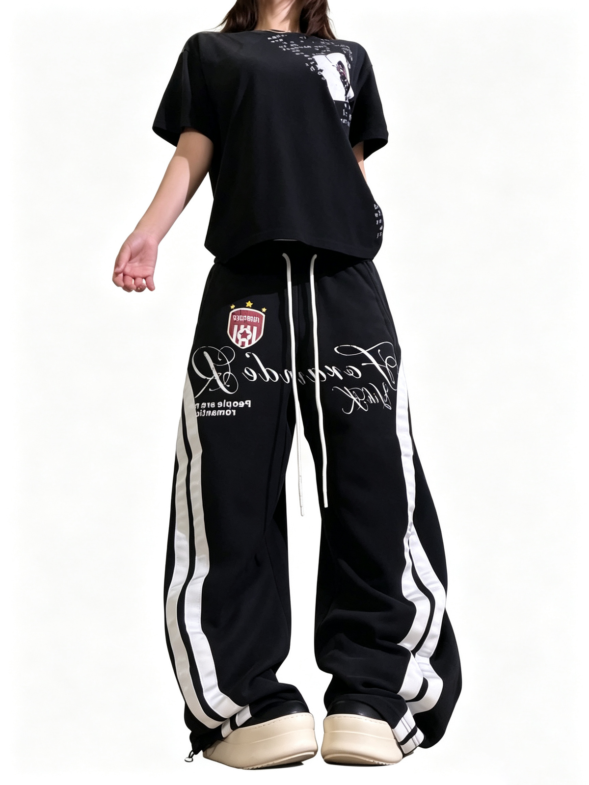 Ace Jolun Washed Rubber‑Ink Letter‑Print Curved‑Leg Pants