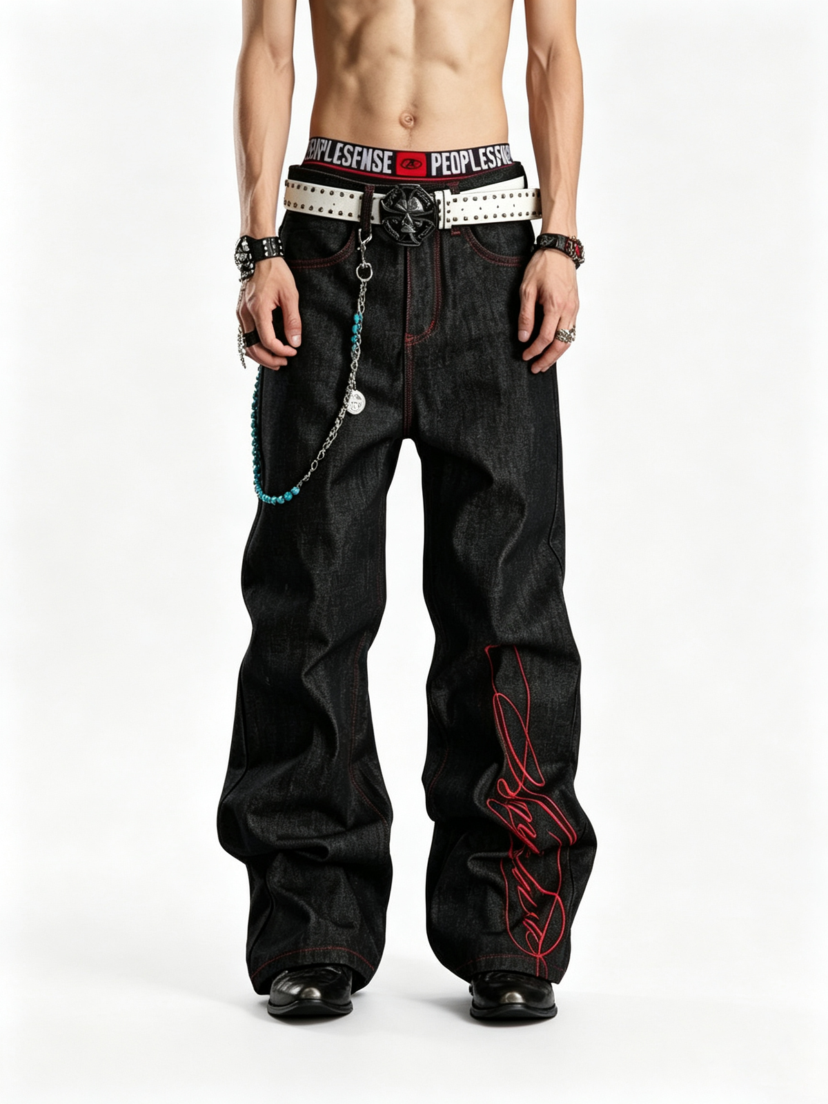 Ace Jolun Alternative Streetwear Black‑Red Color‑Block Embroidered Jeans