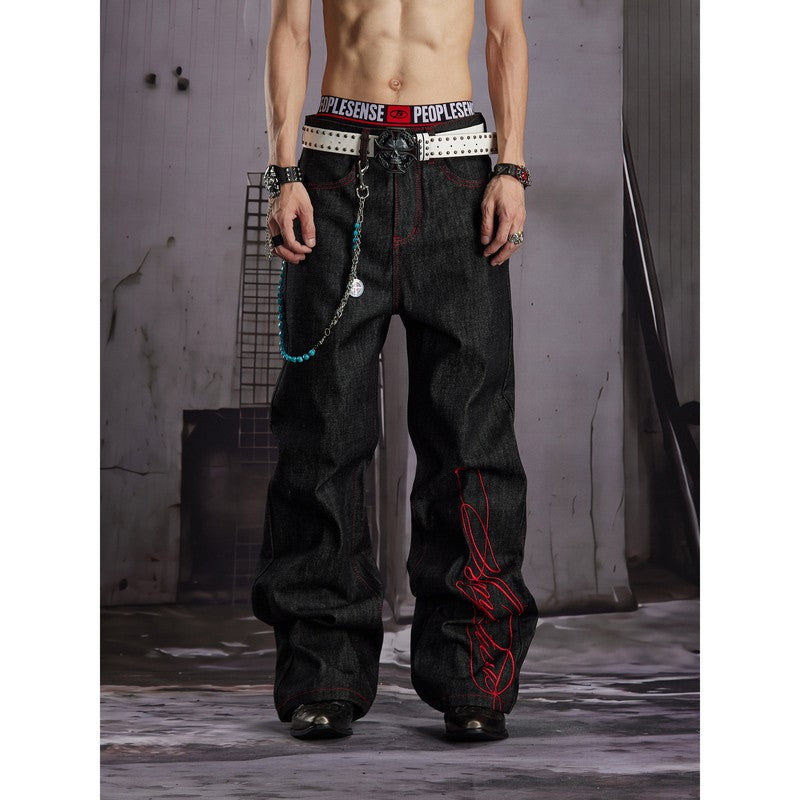 Ace Jolun Alternative Streetwear Black‑Red Color‑Block Embroidered Jeans