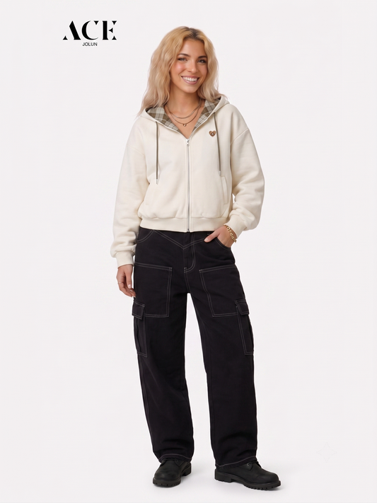 Tori Flowers Boxy Reversible Plaid Zip Up Hoodie