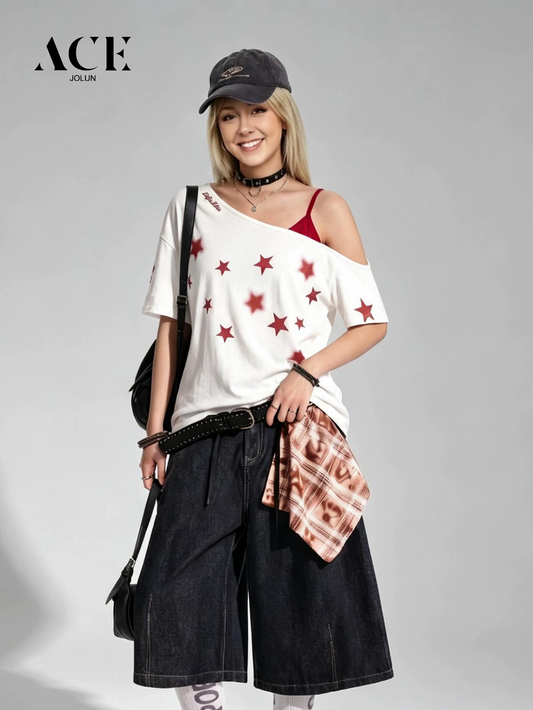 anna.outdoor Star Graphic Off-The-Shoulder Tee