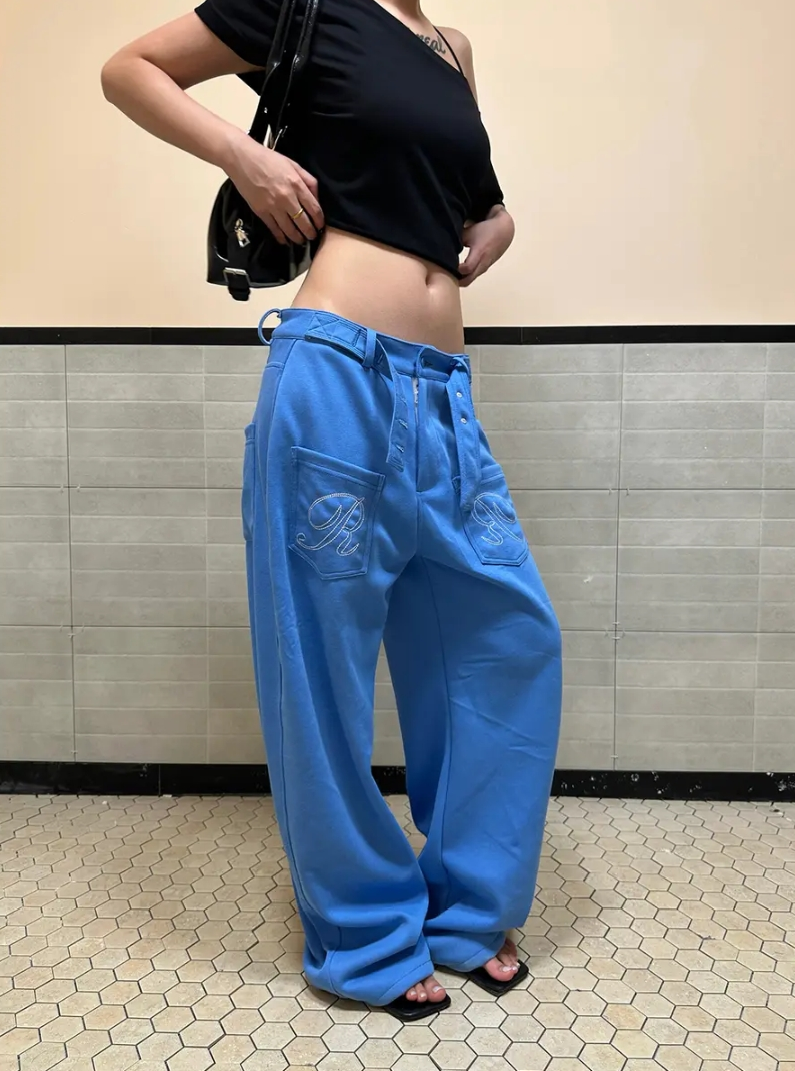 Ace Jolun Vintage Paris Buckle Embroidered Flocked Print Curved Wide‑Leg Pants