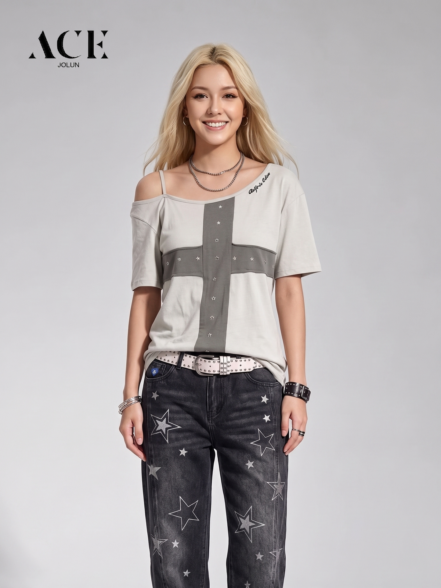 anna.outdoor Star Panel Off-The-Shoulder Tee
