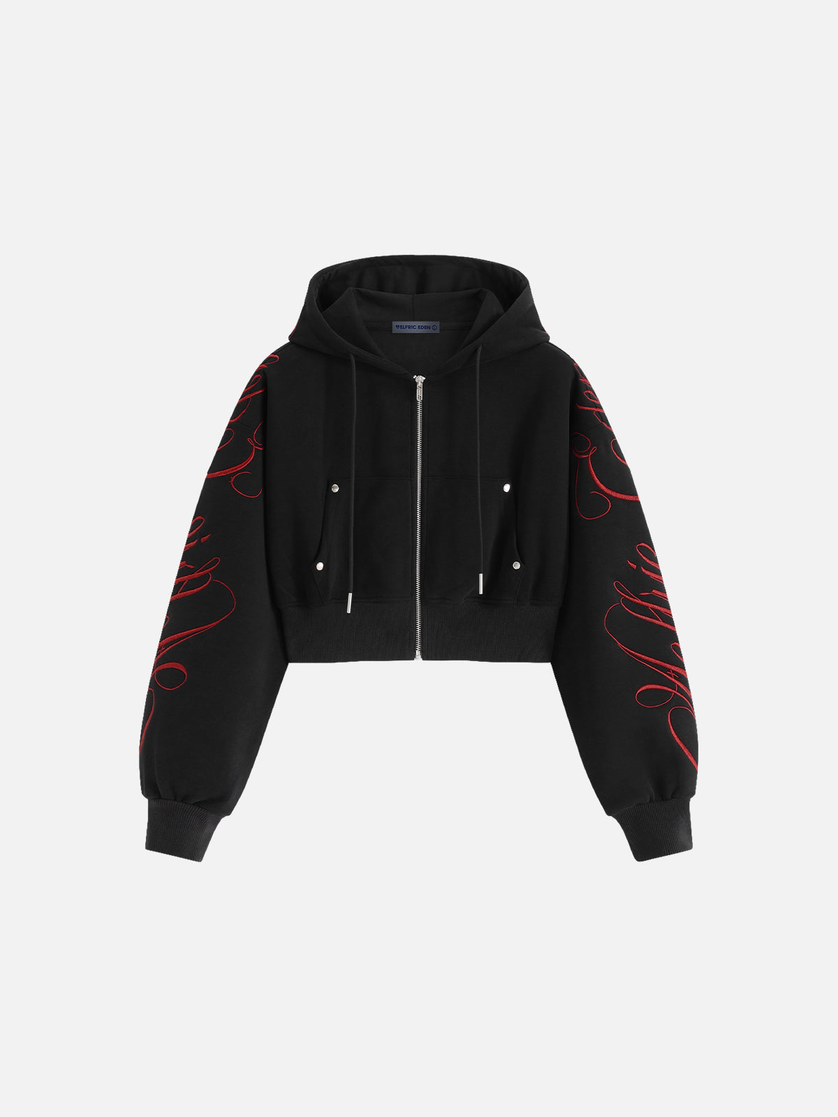 Cropped Script Embroidery Zip Up Hoodie
