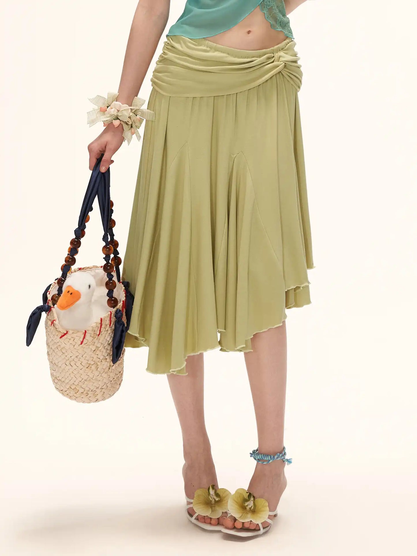 Green Fold Over Asymmetric Hem Midi Skirt