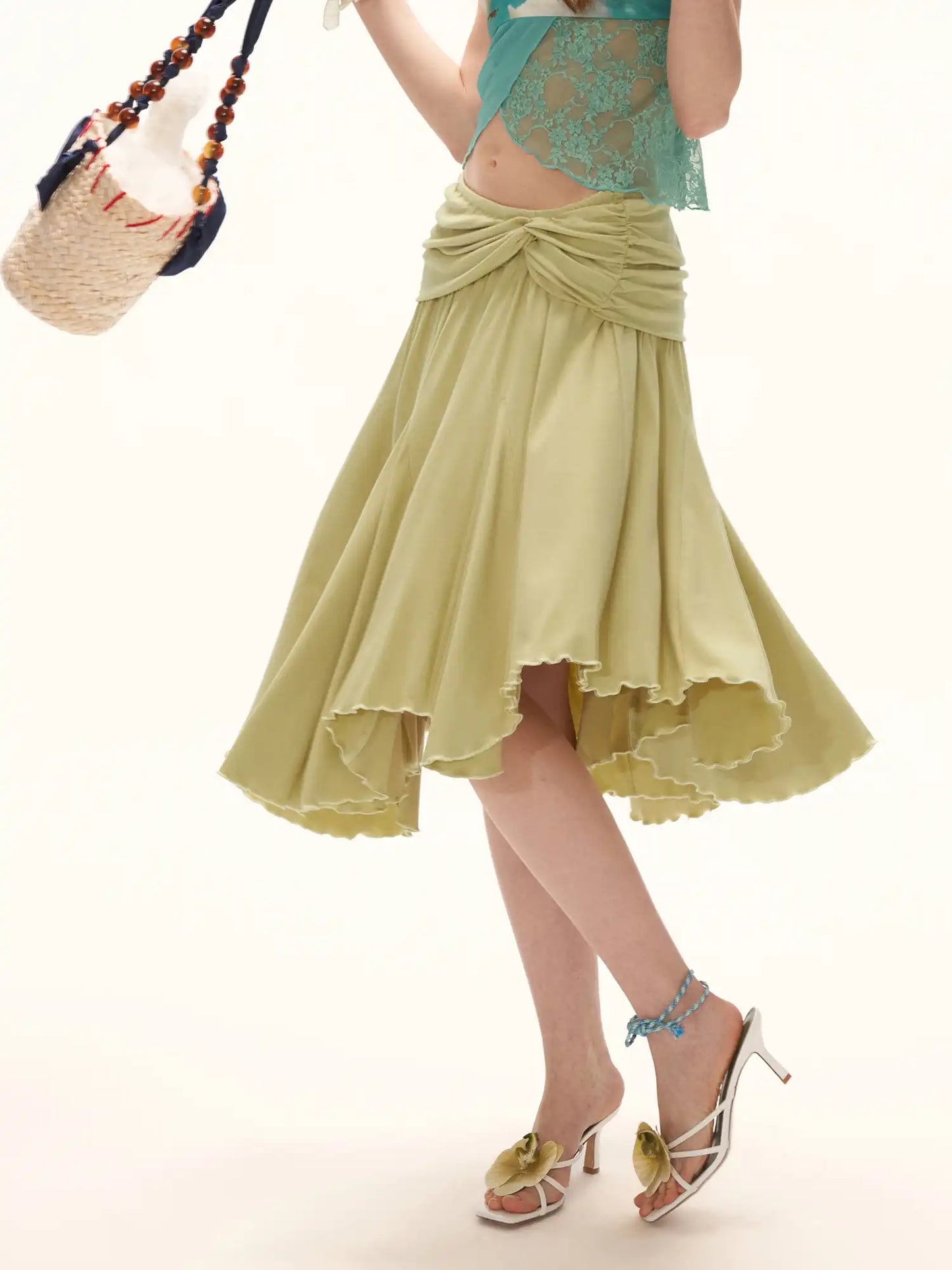 Green Fold Over Asymmetric Hem Midi Skirt