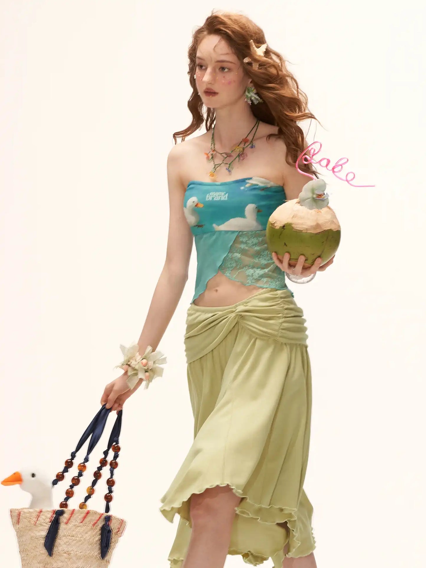 Green Fold Over Asymmetric Hem Midi Skirt