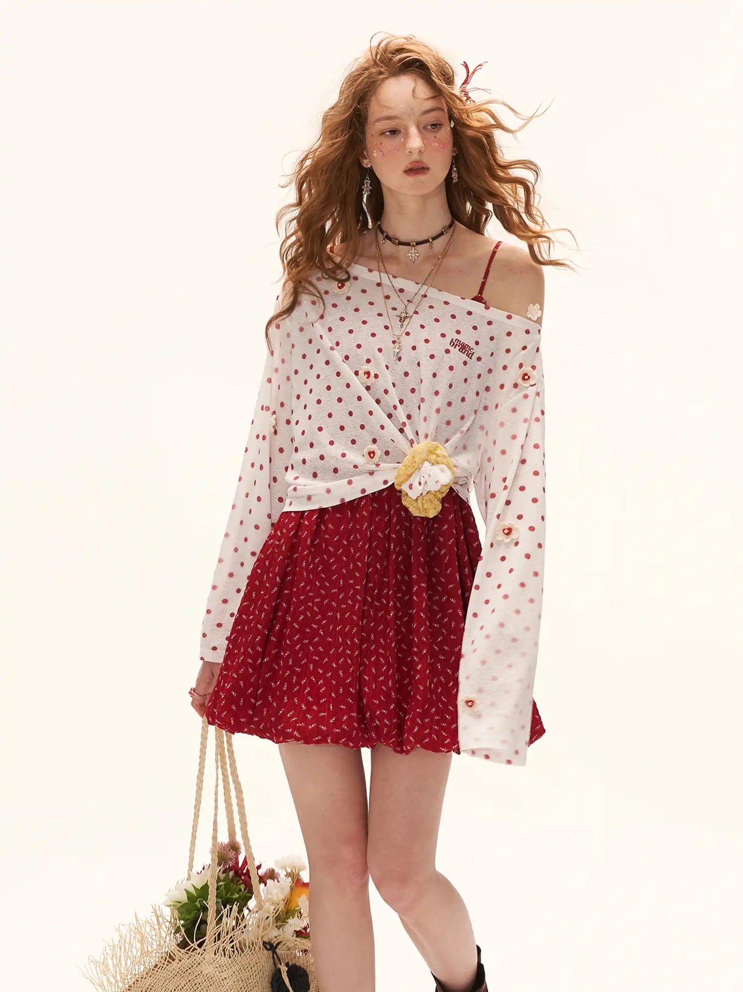 Long Sleeve Flower Button Polka Dot Sheer Top