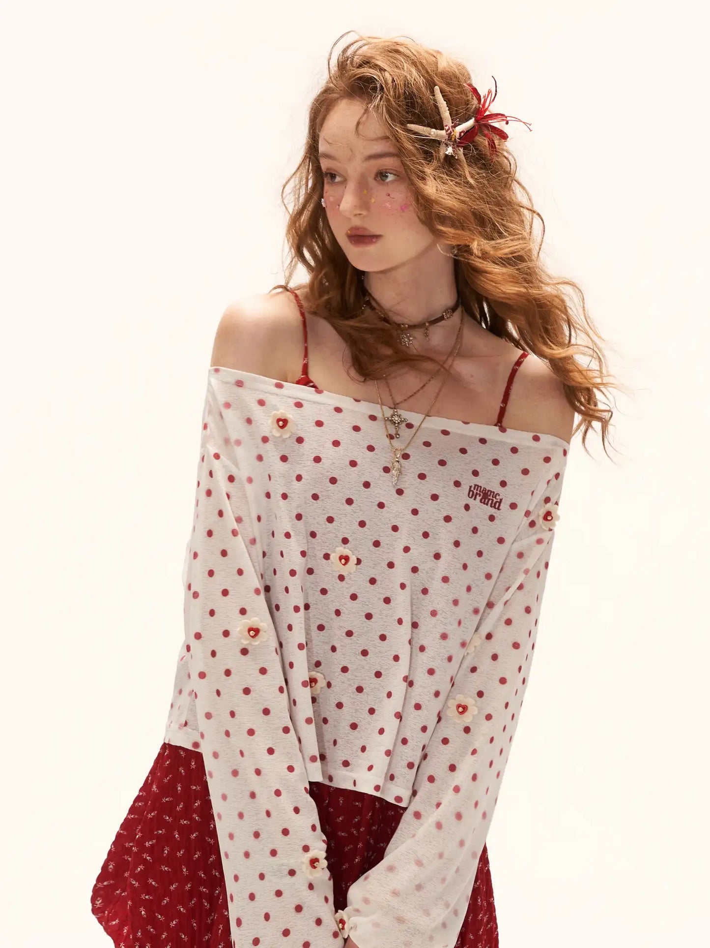 Long Sleeve Flower Button Polka Dot Sheer Top