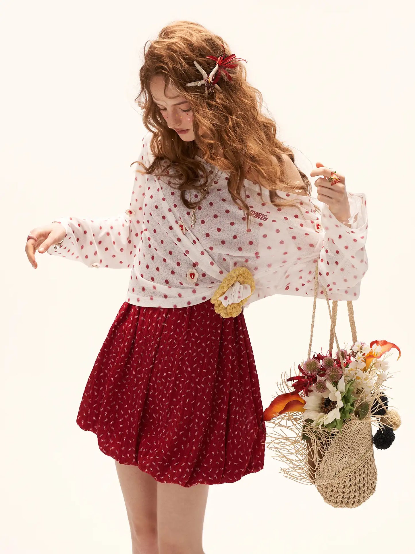 Long Sleeve Flower Button Polka Dot Sheer Top