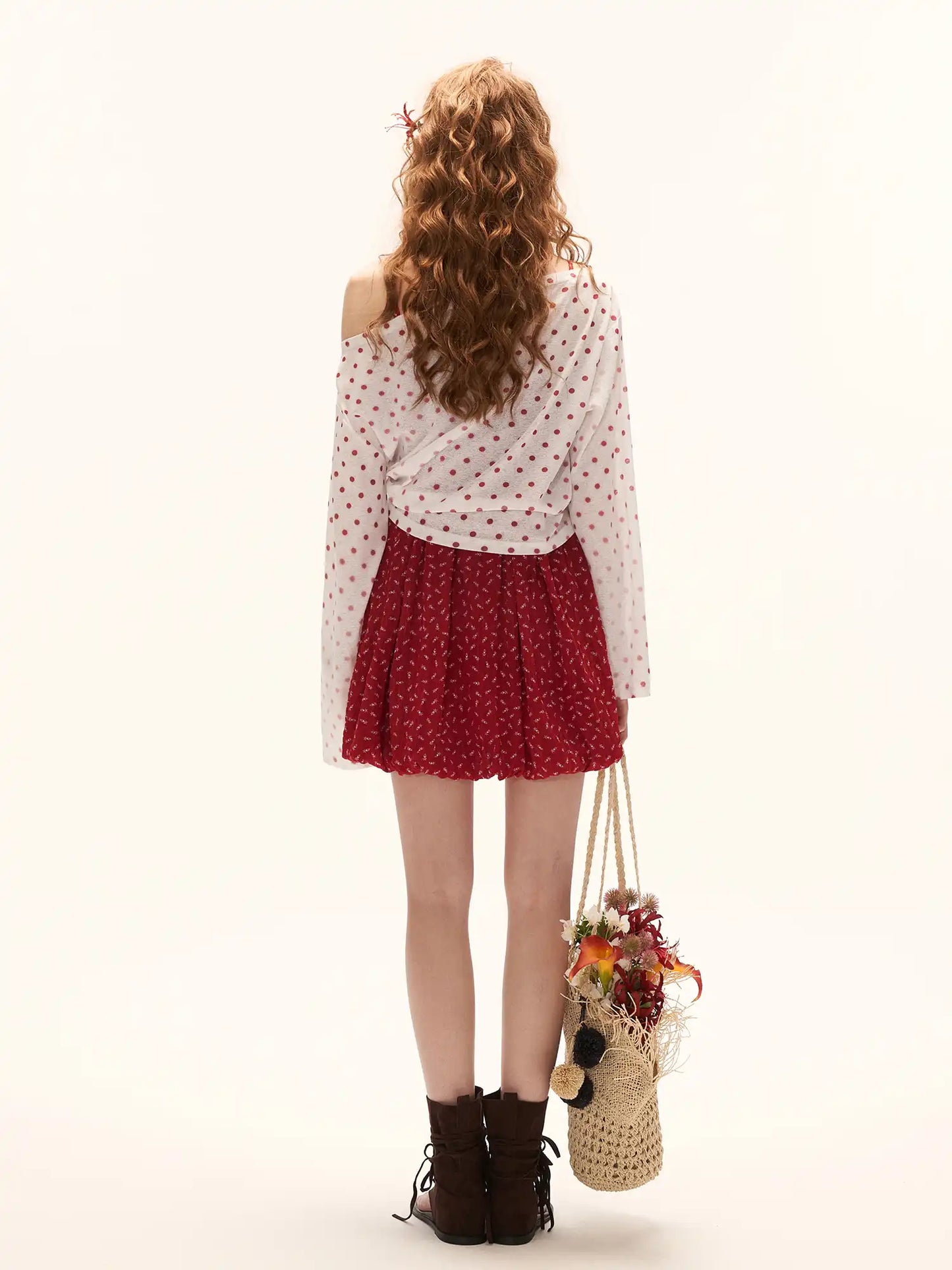 Long Sleeve Flower Button Polka Dot Sheer Top