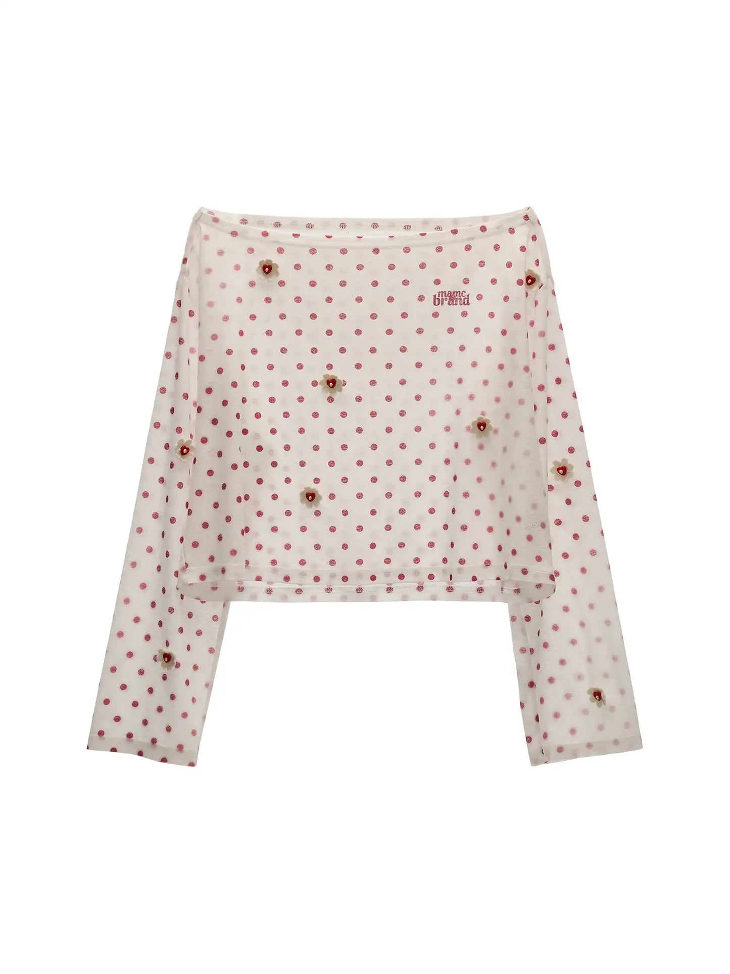 Long Sleeve Flower Button Polka Dot Sheer Top