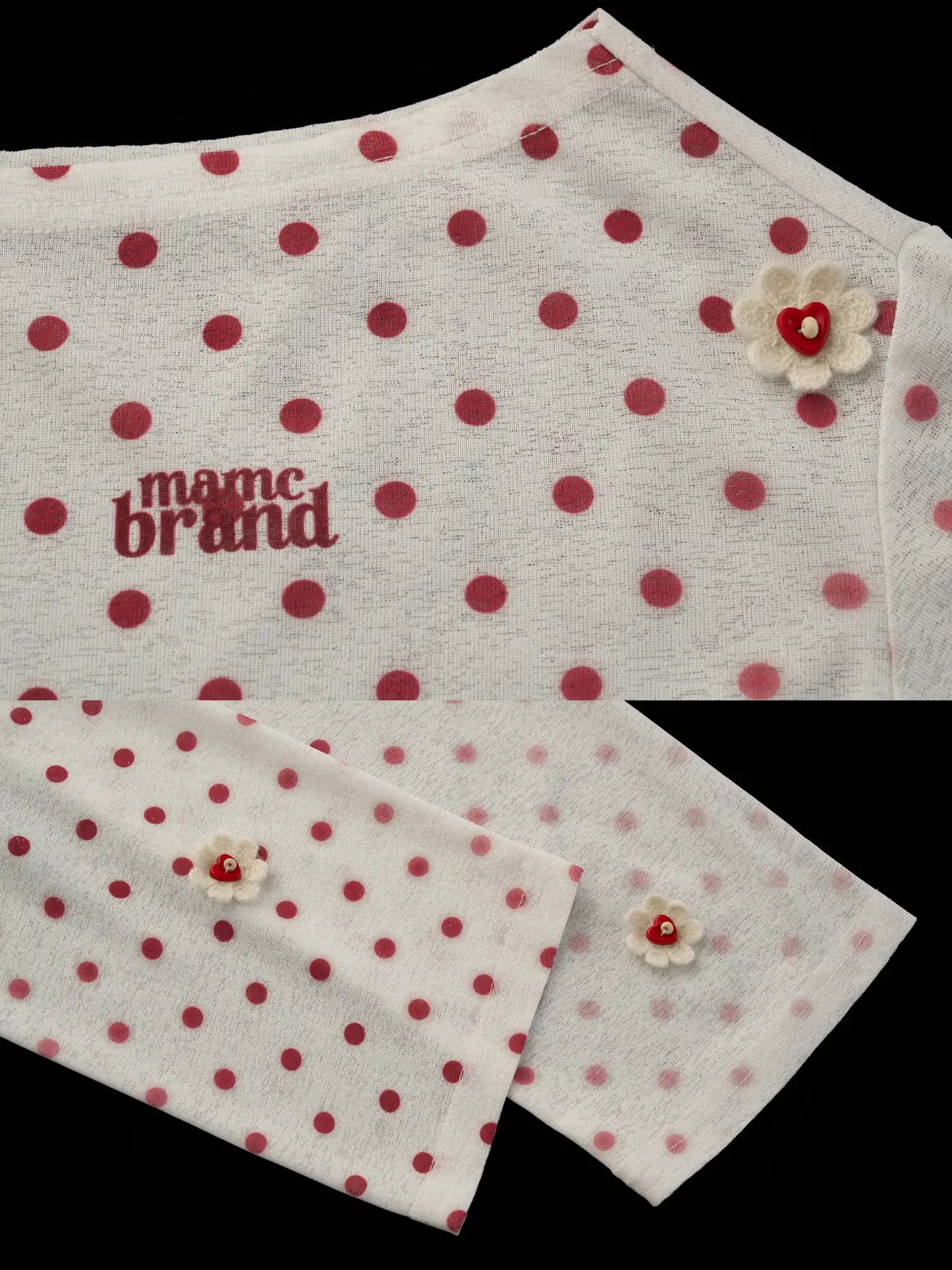 Long Sleeve Flower Button Polka Dot Sheer Top