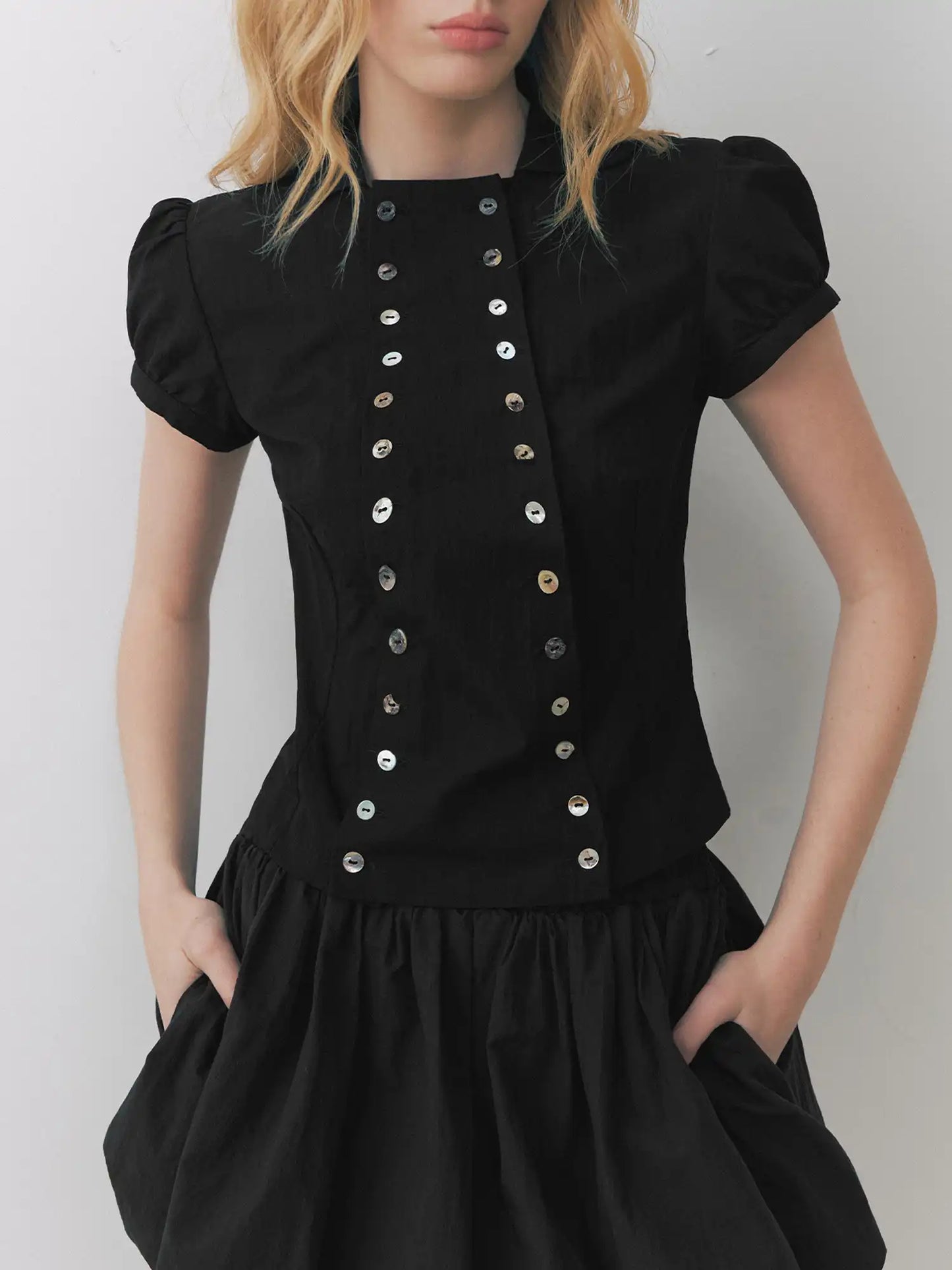 Shell Buttons Front Puff Sleeve Shirt
