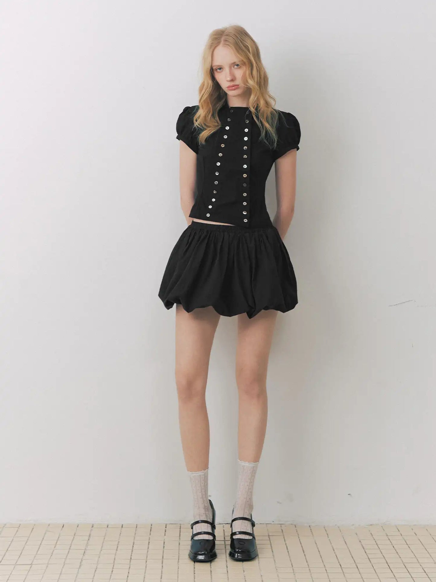 Shell Buttons Front Puff Sleeve Shirt