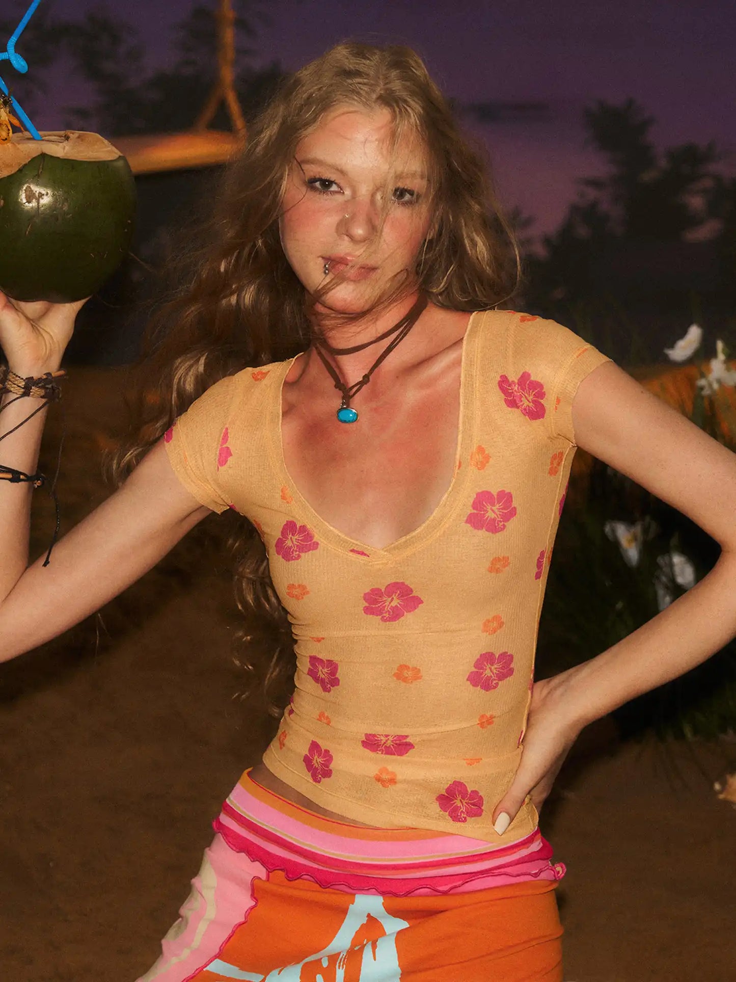 Y2K Hibiscus Sheer V Neck Baby Tee
