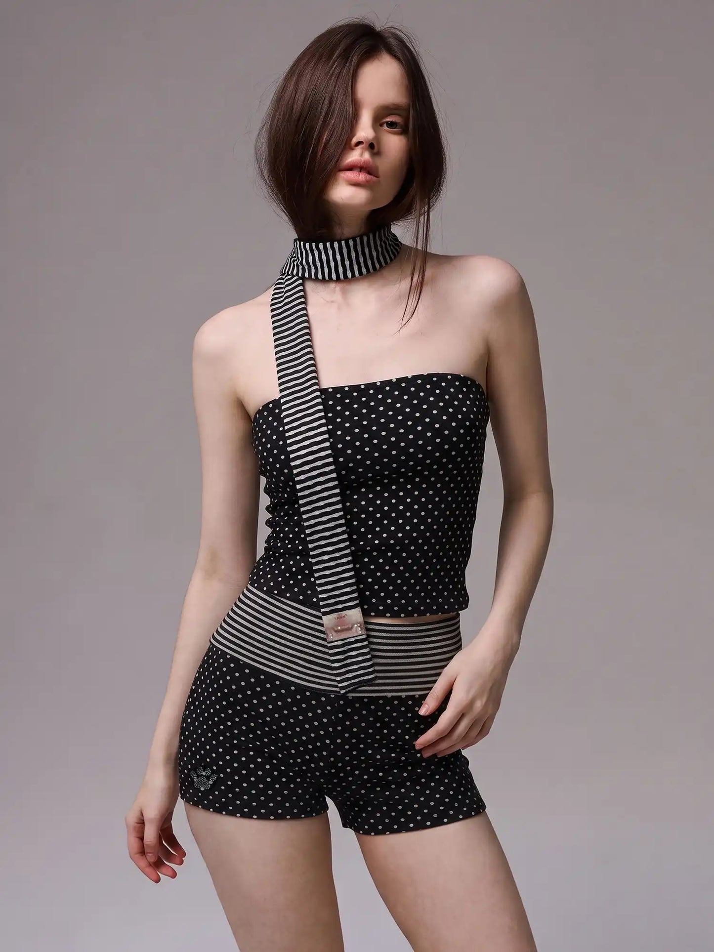 Y2K Stripe & Polka Dot Foldover Shorts Set