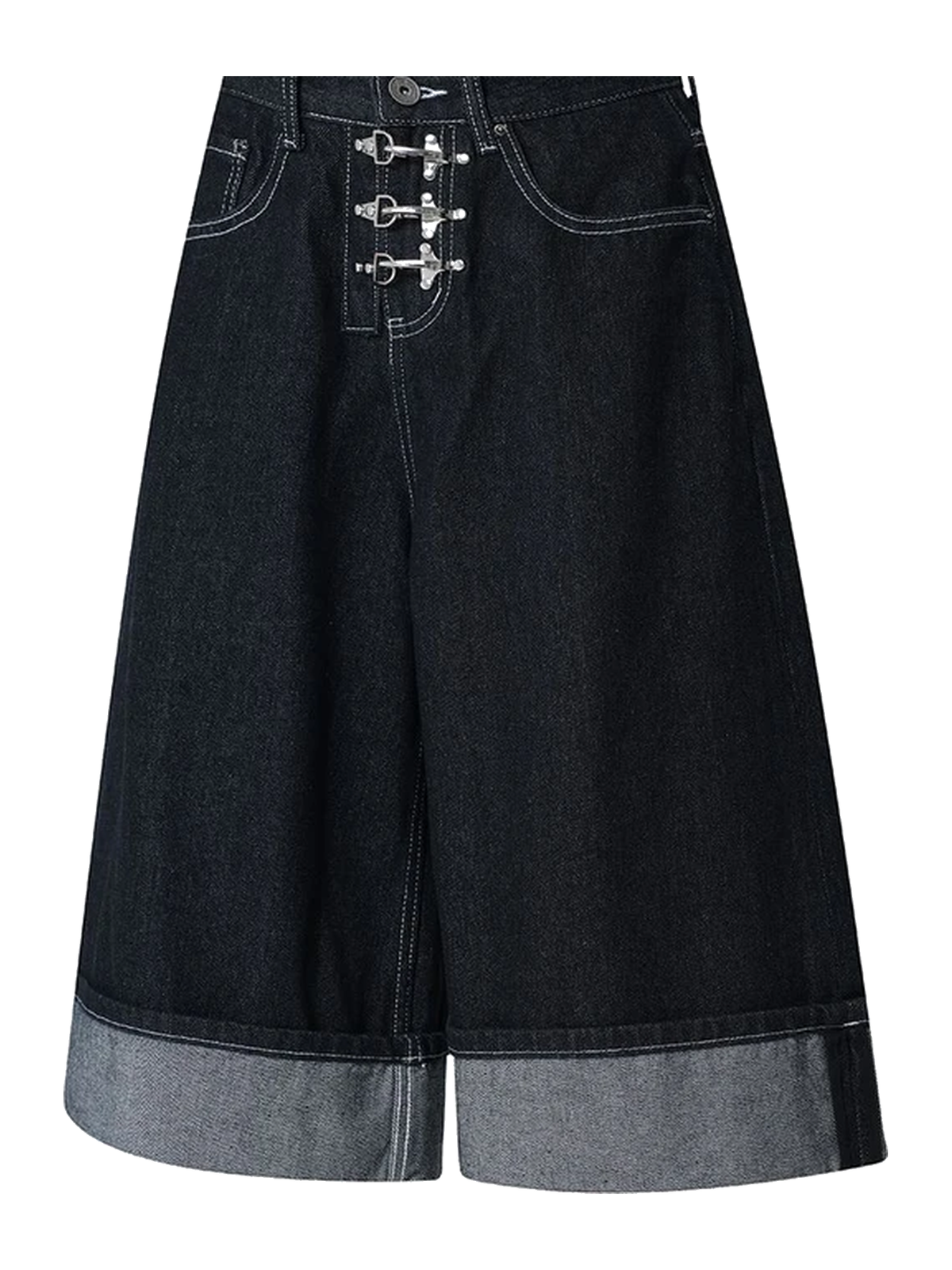 Black buckle-cuff baggy denim shorts view 1