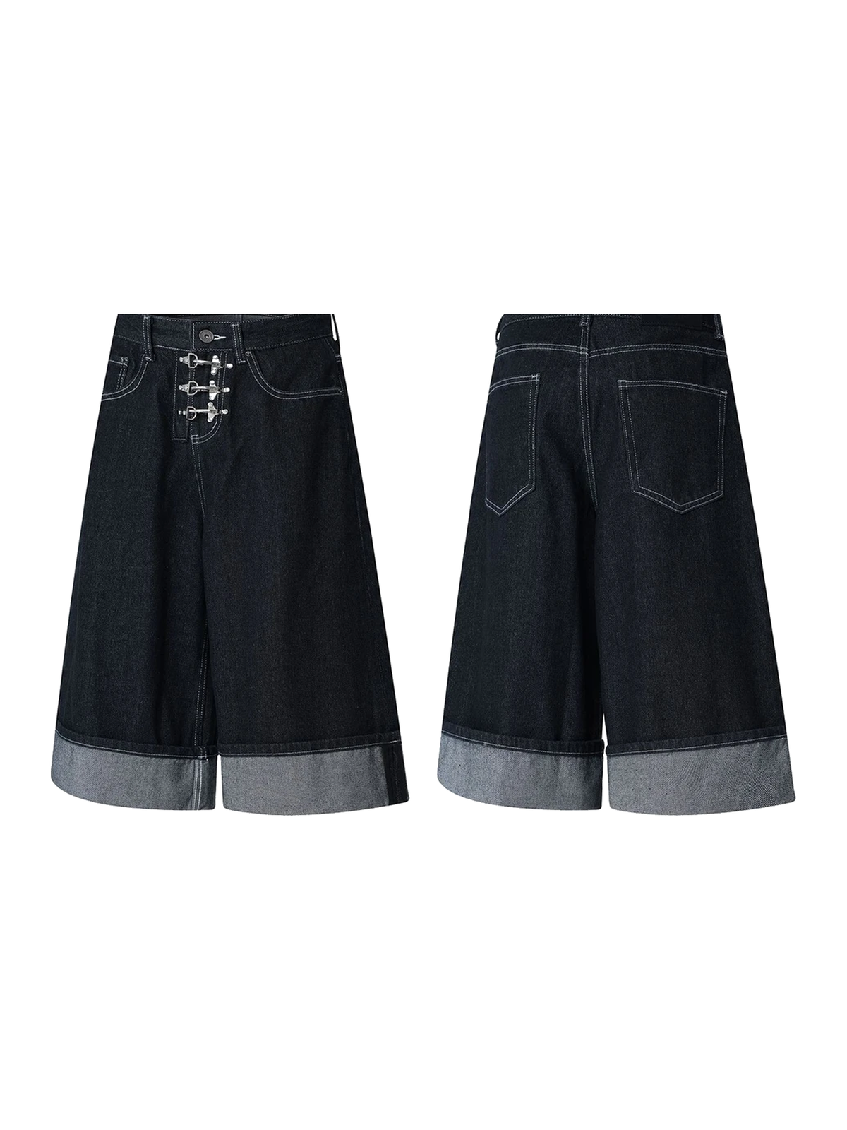 Black buckle-cuff baggy denim shorts view 5