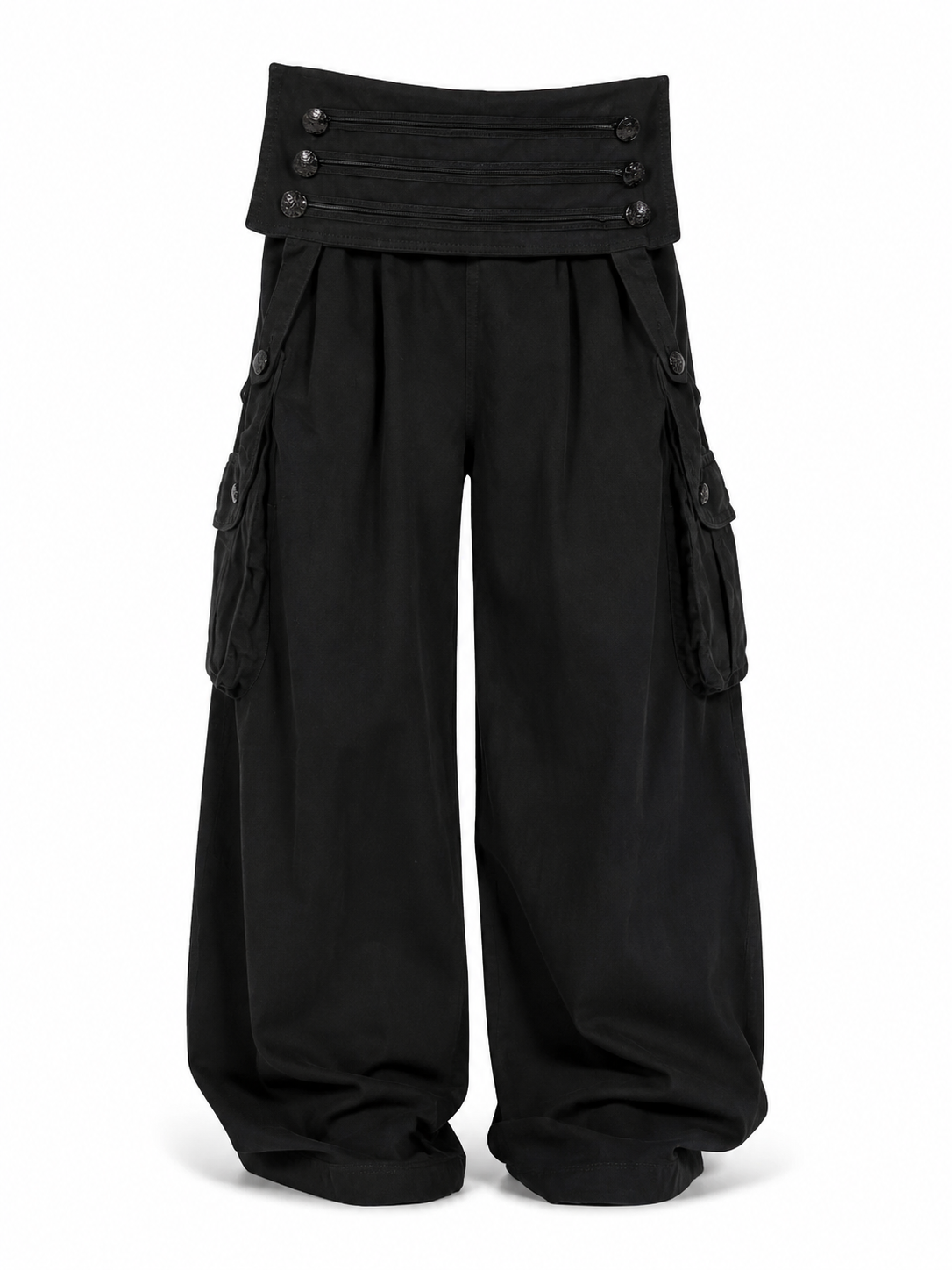 Black buttoned fold-over waist wide-leg cargo pants front view