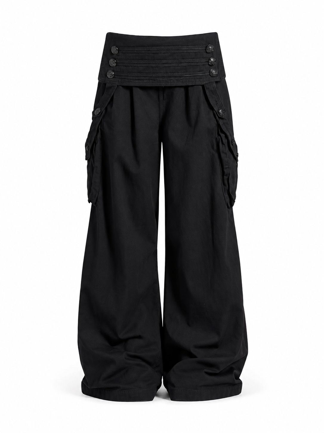 Black multi-button cargo pants front view