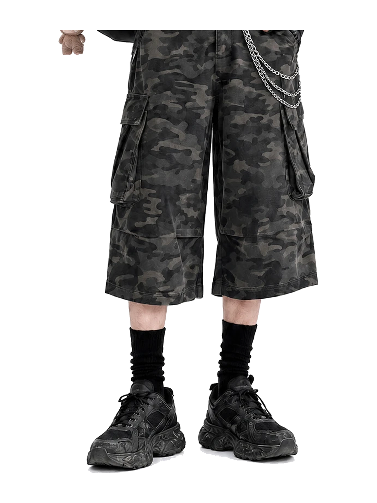 Black Camo camo cargo longline shorts view 1