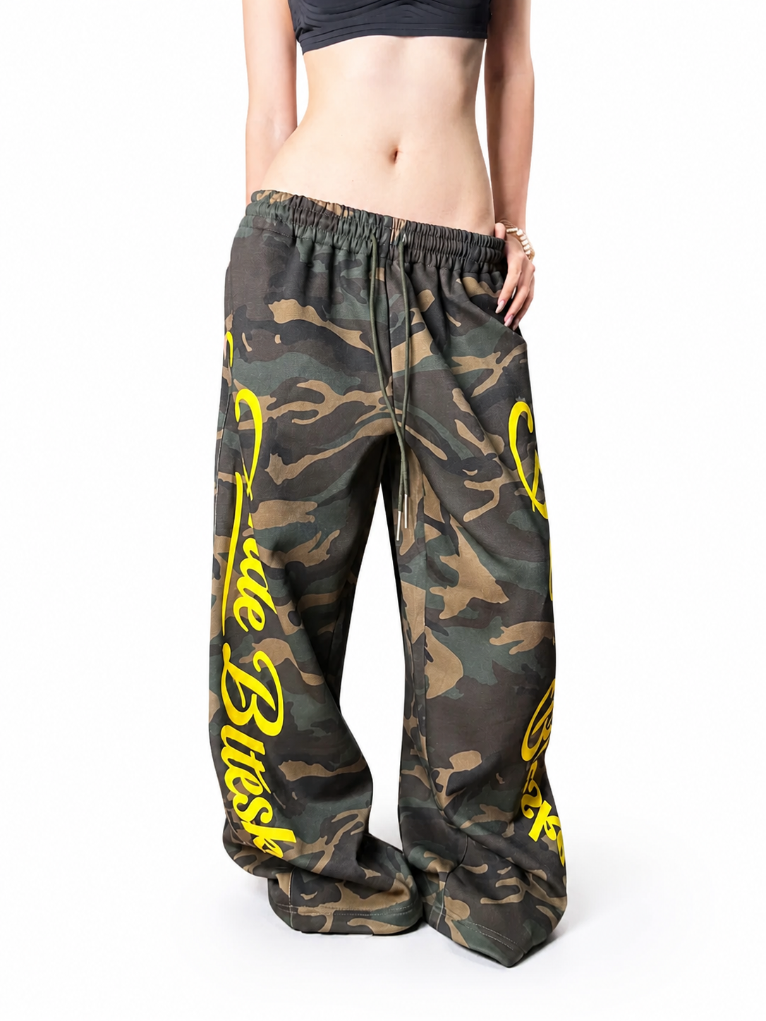 Camo graphic wide-leg sweatpants angled front view