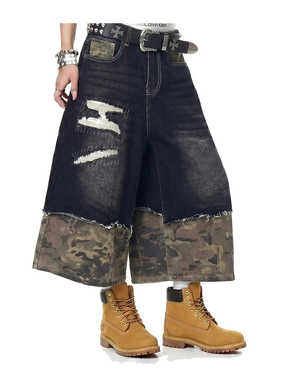Black Camo camo panel distressed longline denim shorts view 1