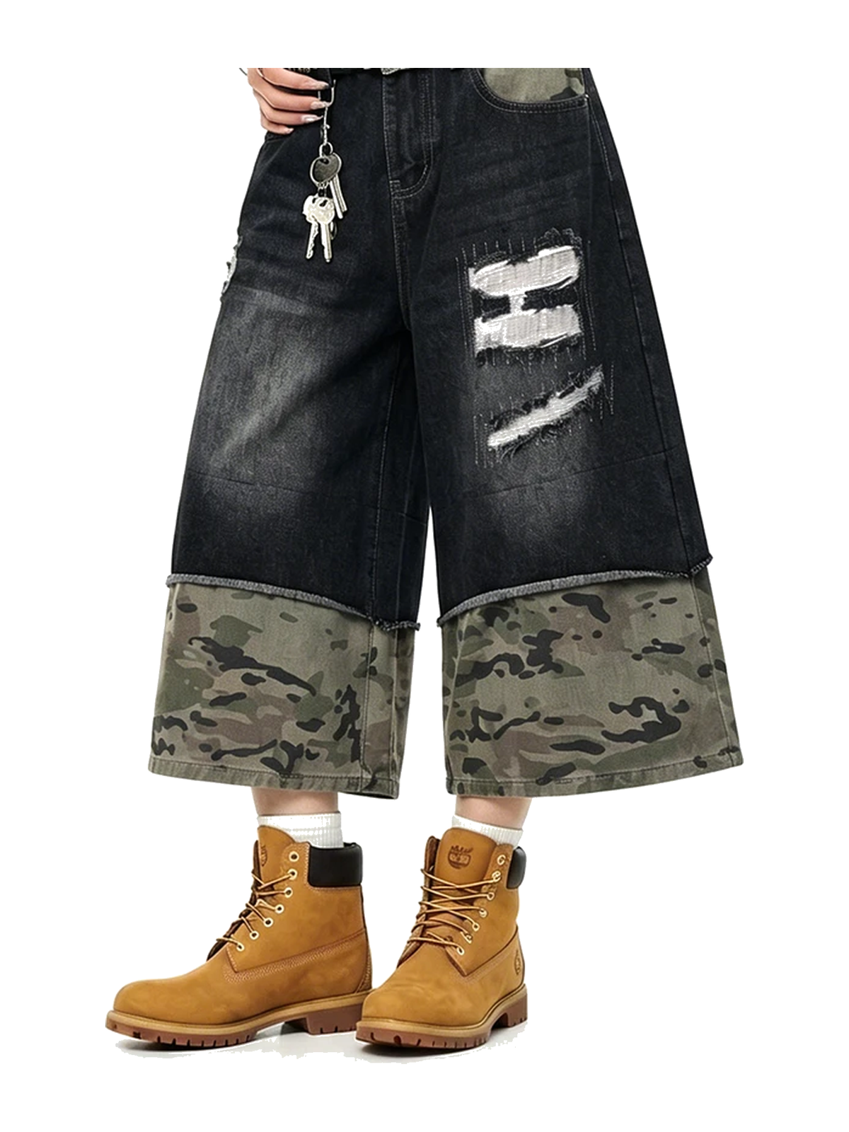 Black Camo camo panel distressed longline denim shorts view 2