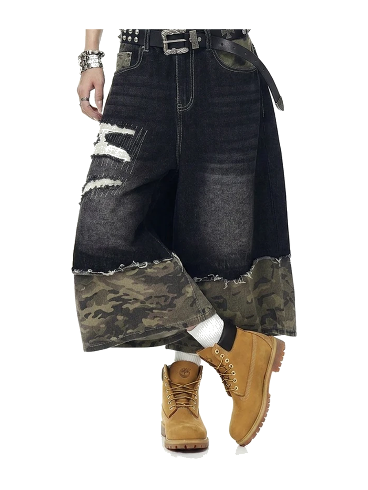 Black Camo camo panel distressed longline denim shorts view 3