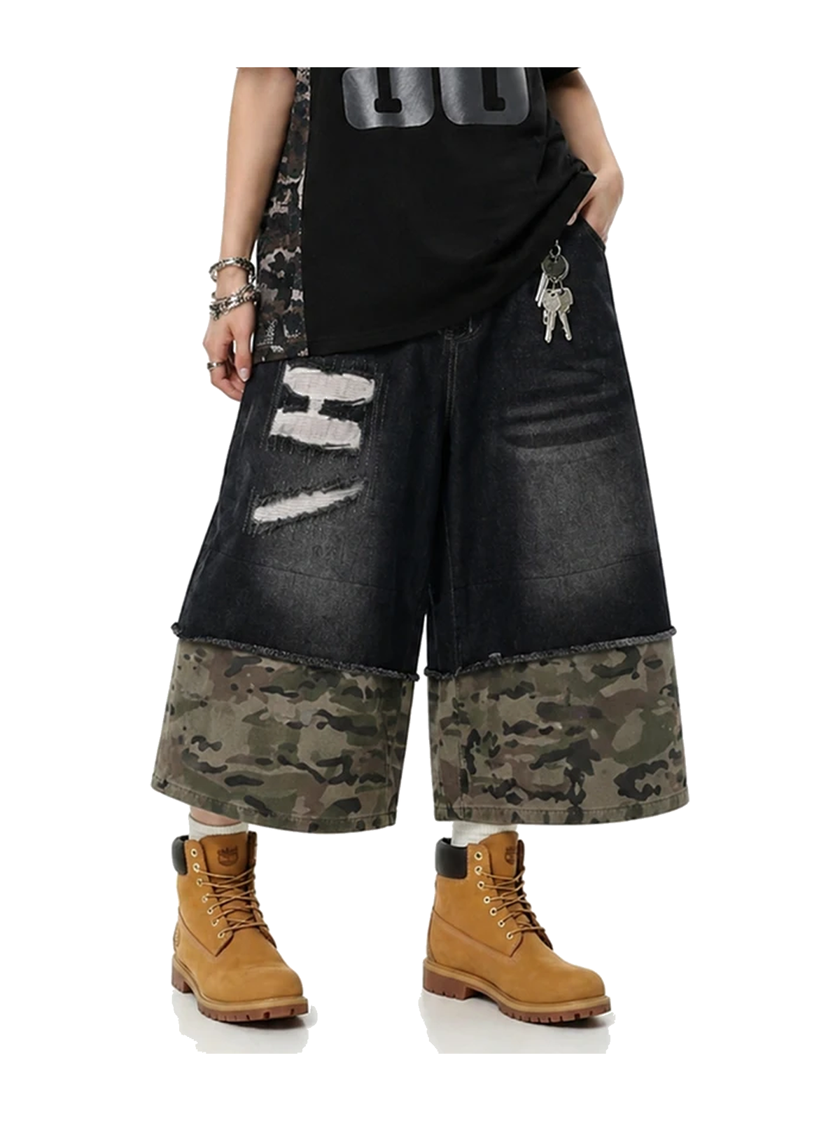 Black Camo camo panel distressed longline denim shorts view 4