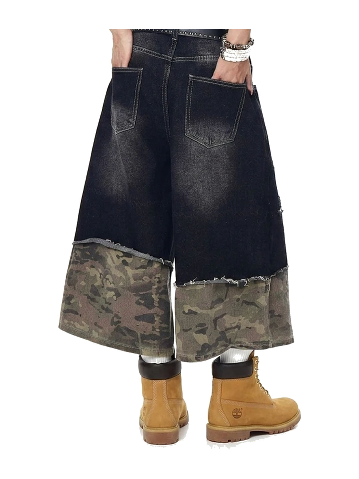 Black Camo camo panel distressed longline denim shorts view 5