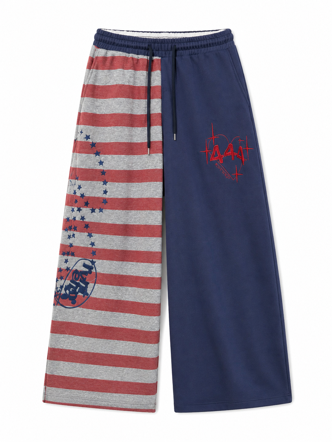 Navy red gray color-block star ultra-wide-leg sweatpants front view