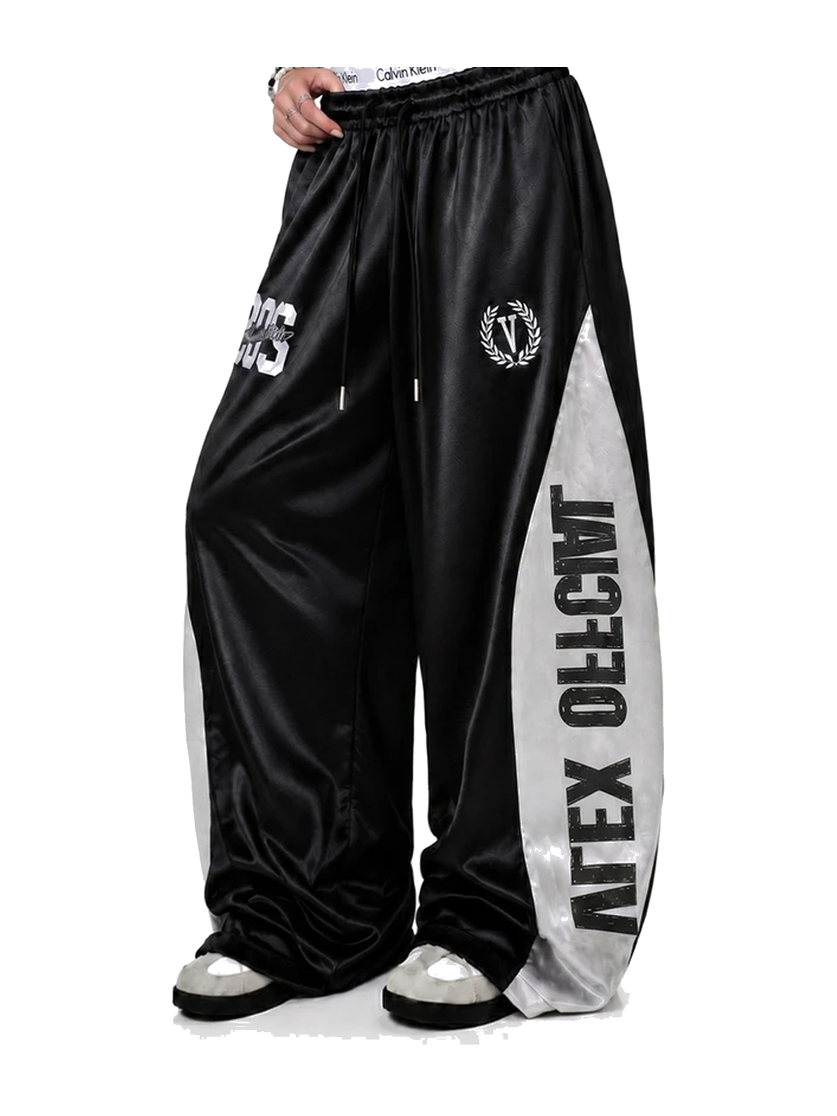 Black colorblock satin wide-leg track pants view 1