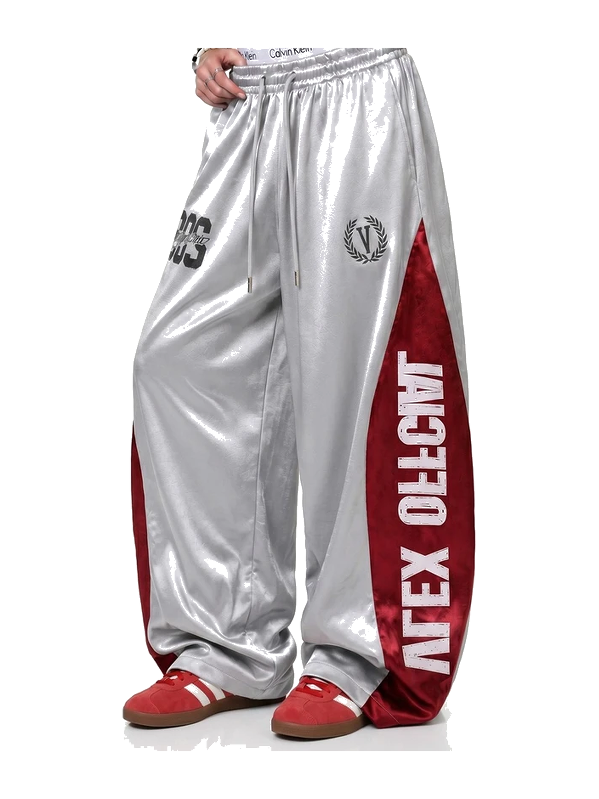 Black colorblock satin wide-leg track pants view 2