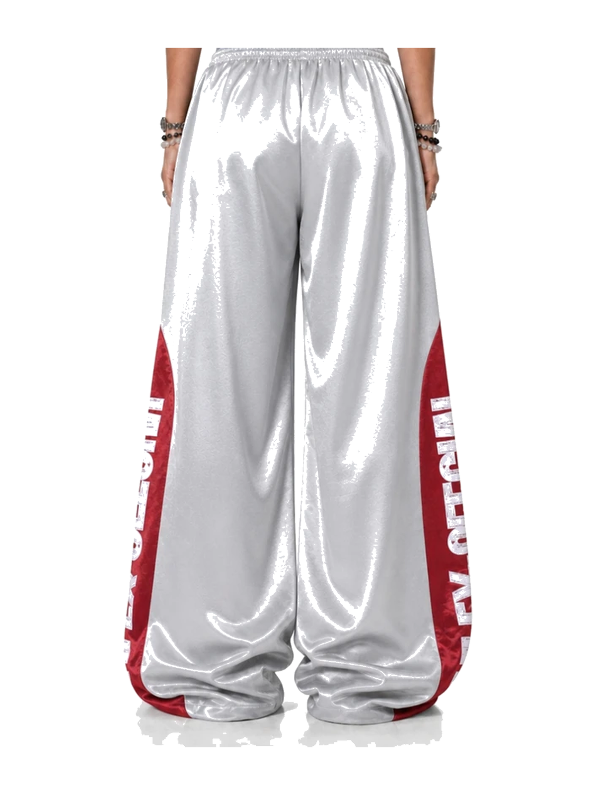Black colorblock satin wide-leg track pants view 3