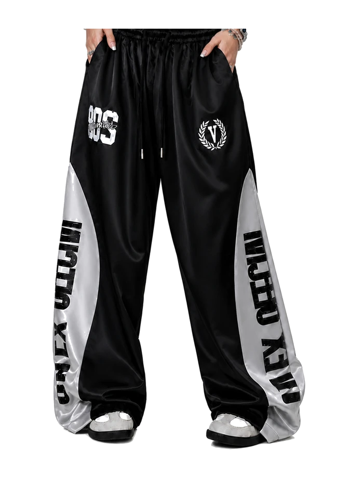 Black colorblock satin wide-leg track pants view 4