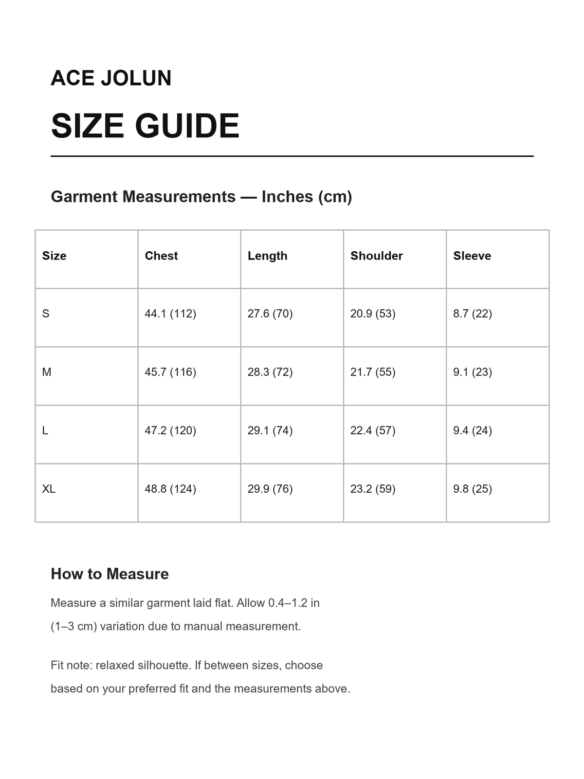 Ace Jolun size guide for contrast graphic relaxed cotton tee