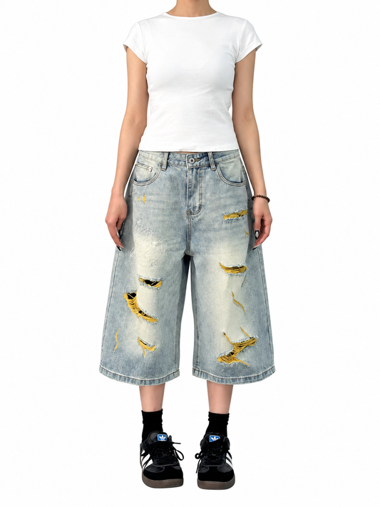 Cropped Distressed Denim Shorts product image