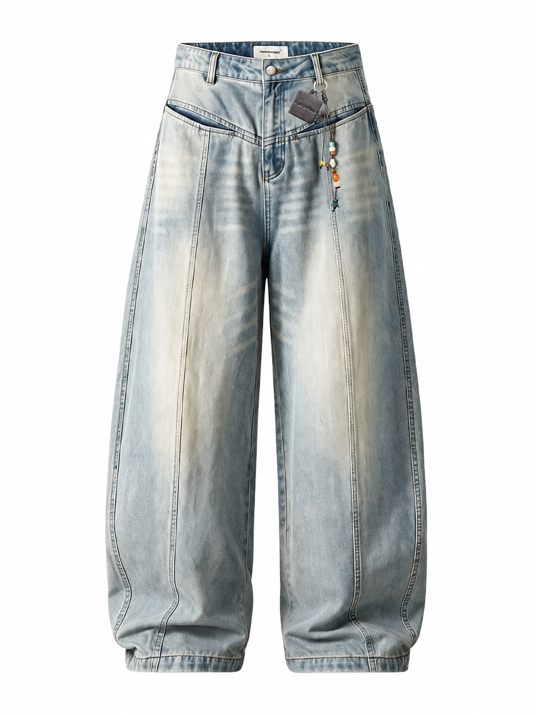 Ace Jolun light wash curved-seam barrel-leg jeans front detail