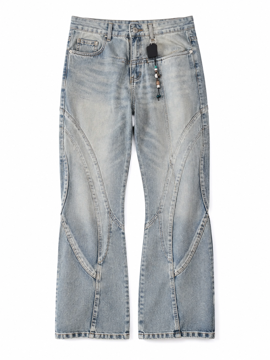 Ace Jolun light-wash deconstructed curved-seam jeans panel detail