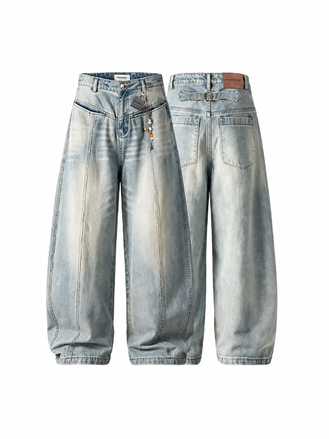 Ace Jolun light-wash deconstructed curved-seam jeans front and back views