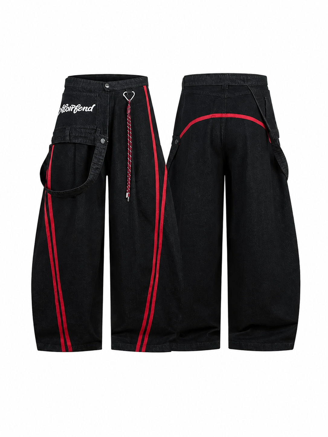 Ace Jolun black and red stripe barrel-leg jeans front and back view