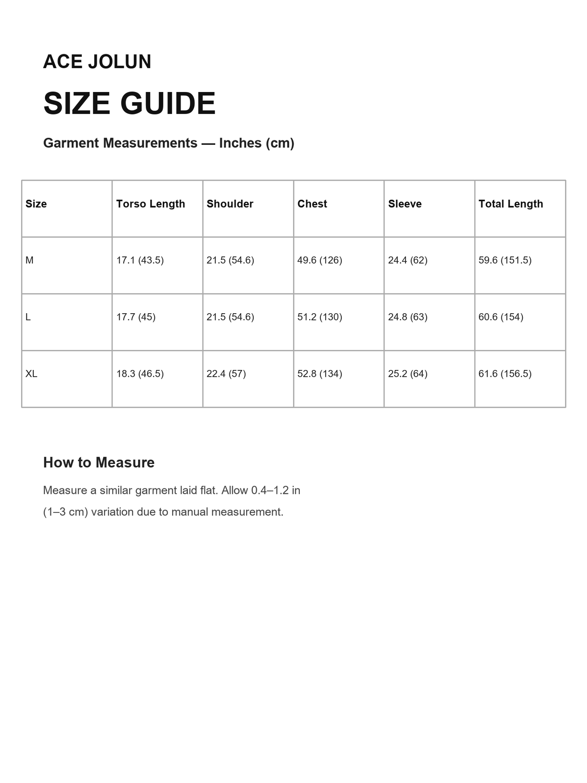 Ace Jolun size guide for Dirty-Wash Denim Utility Jumpsuit