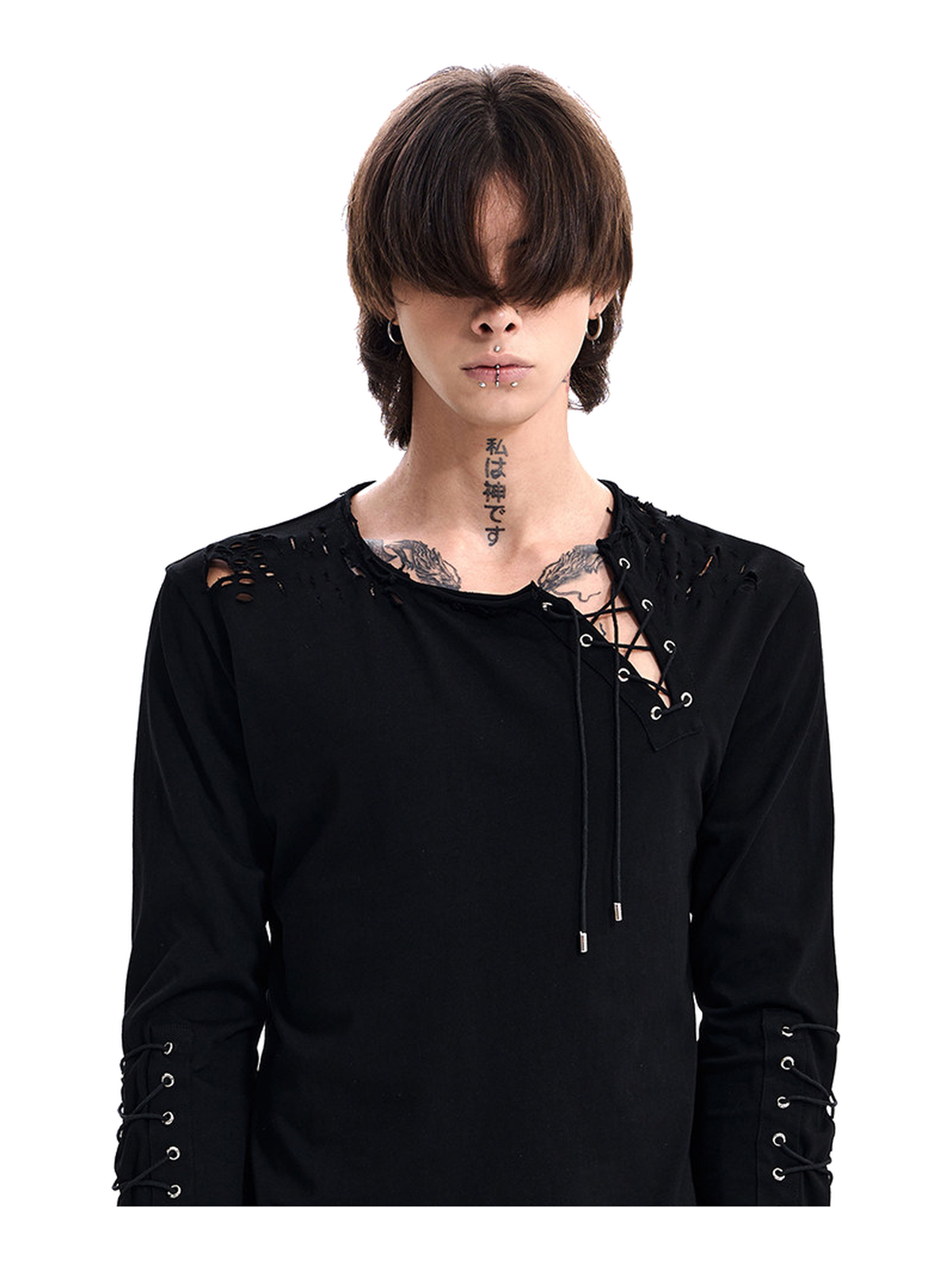 Distressed Lace-Up Long-Sleeve Tee product view 1