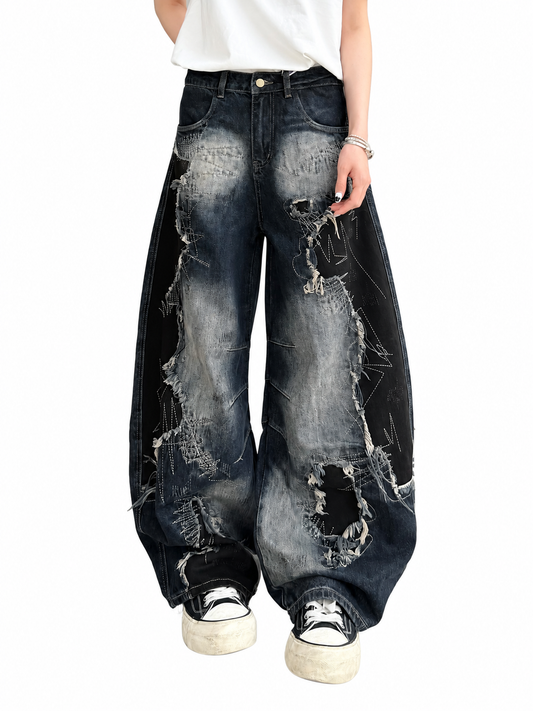 Embroidered Distressed Curved-Leg Jeans product image